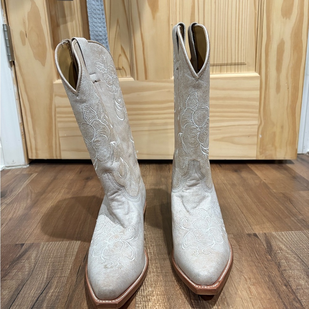 Shyanne Cream Embroidered Heeled Boots - image 2